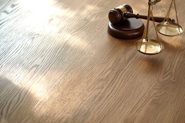 Fototapeta premium scales of justice on a wooden table, gavel and law books