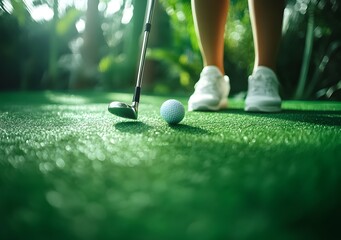 Close-up of a woman putting a golf ball on green grass, playing a sport and engaging in an outdoor activity. This concept image has copy space for text, 