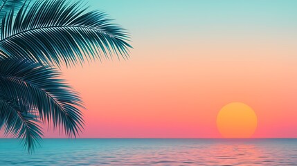 A serene sunset over calm waters, with a palm tree silhouetted against the vibrant pastel sky, creating a tranquil coastal atmosphere.