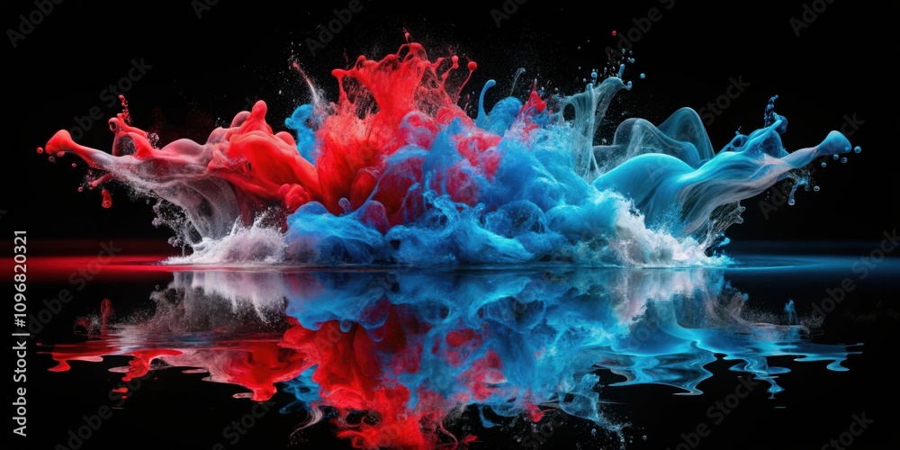 Leinwandbilder a vibrant explosion of blue and red paint erupts from the surface of the water, creating a dynamic a