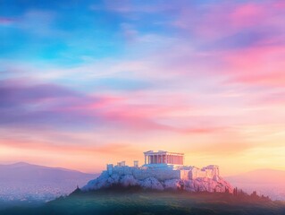 Obraz premium Ancient Athens under a glowing sunset, watercolor Acropolis on a hill surrounded by soft olive greens
