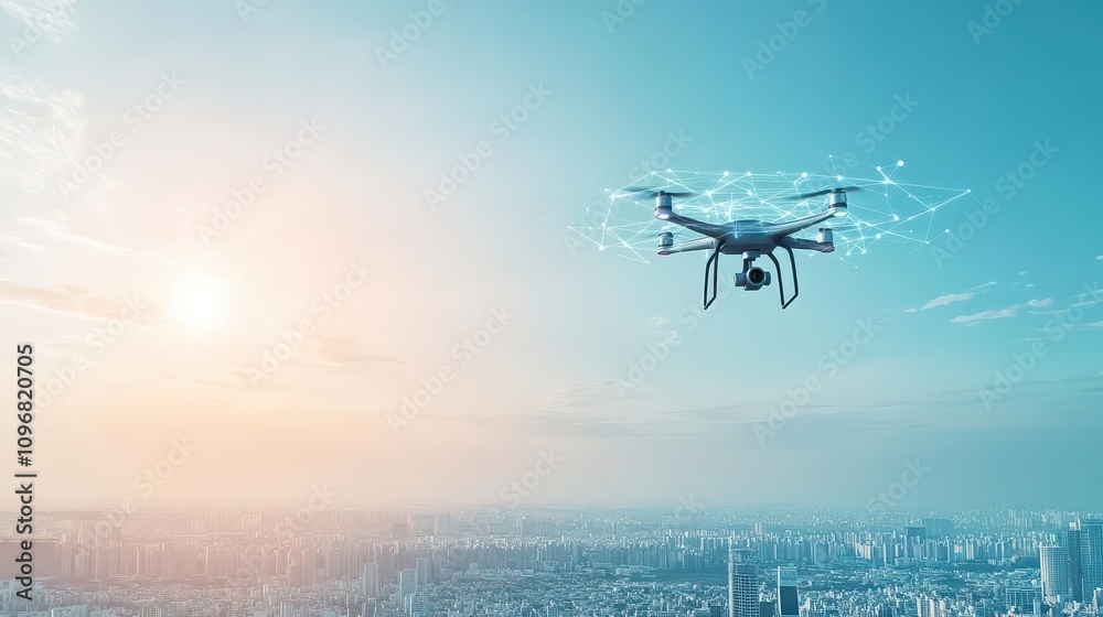 Poster aipowered drone in flight precision automation focus on urban landscape futuristic composite