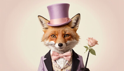 A fox wearing a pastel-purple top hat with a pastel-pink bowtie, holding a tiny cane. A pastel beige background with faint vintage floral motifs.