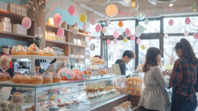 Charming Easter Coffee Shop Interior with Bunny Pastries and Pastel Decorations