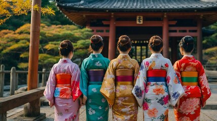 Naklejka premium Five women in colorful kimonos stand together, facing a traditional Japanese temple, surrounded by lush autumn foliage.