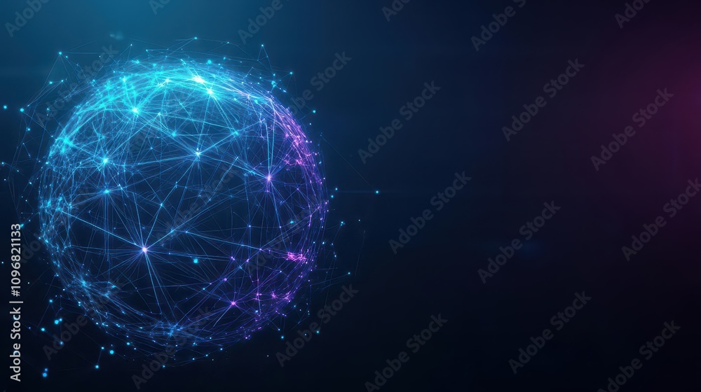 Poster abstract network of glowing nodes and lines forming a sphere, dark gradient background, blue and pur