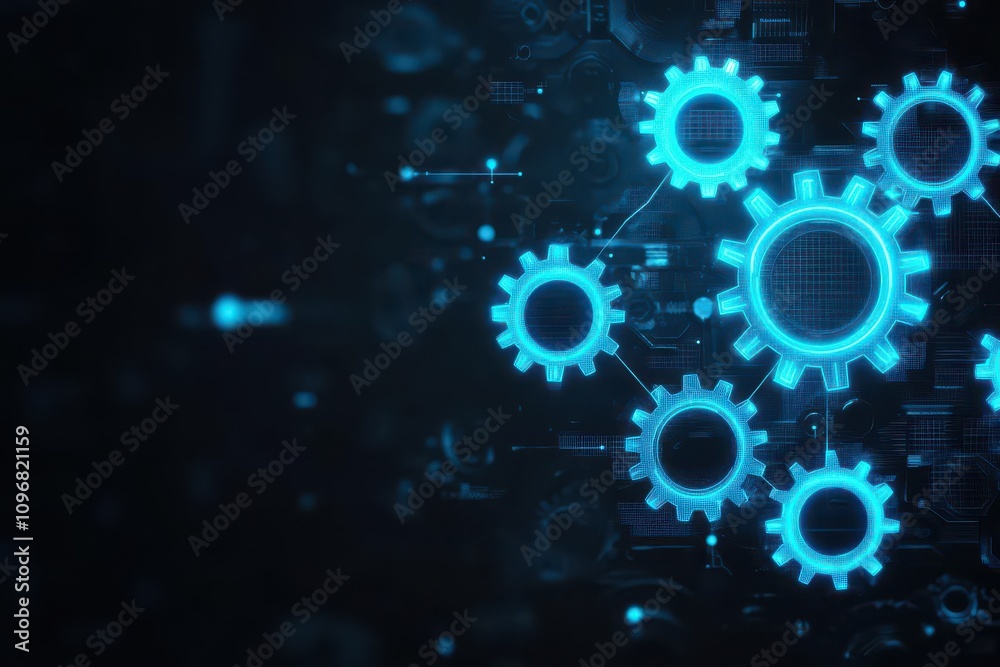 Aufkleber abstract interconnected gears glowing with a blue neon light, dark mechanical background, representi