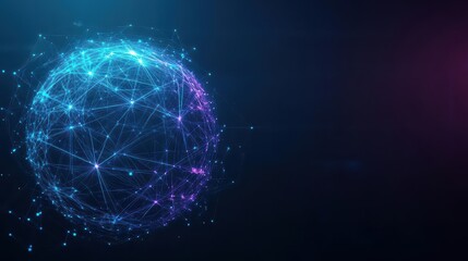 Fototapeta premium Abstract network of glowing nodes and lines forming a sphere, dark gradient background, blue and purple tones, hightech aesthetic, digital art