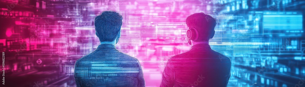 Aufkleber A tech startup brainstorming in a neonlit innovation hub, RetroFuturism, Cyan and Magenta, Digital Sketch, energetic atmosphere