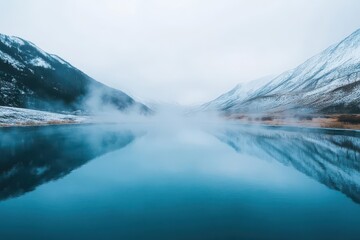 Fototapeta premium A tranquil hot spring surrounded by snowy mountains, steam rising gently into the watercolorpainted sky