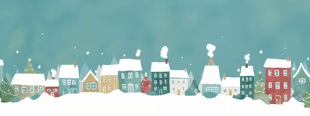 Celebratory watercolor illustration of village with Christmas trees, holiday celebration, greeting card, festive poster, winter wallpaper, calendar, banner