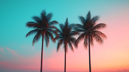 A serene sunset with vibrant hues illuminating three silhouetted palm trees against a colorful sky.