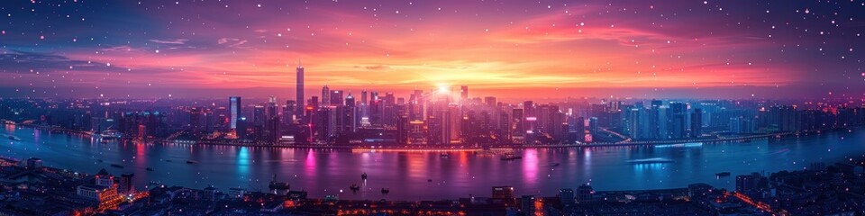 Fototapeta premium Cityscape at Dusk with a River and a Starry Sky