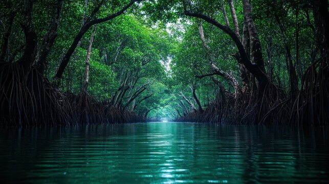 Fototapeta Lush green mangrove tunnel over dark water.