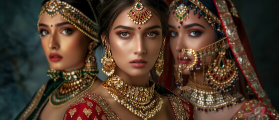  An engaging portrayal focusing on the woman adorned in various Indian outfits while showcasing an array of exquisite jewelry pieces from different regions of India1