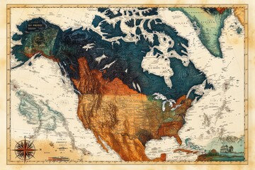 Vintage North America Map Detailed Geographical Illustration