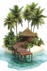 Fototapeta premium Tropical island hut, palm trees, wooden dock.