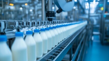 Obraz premium A line of milk bottles are being made in a factory