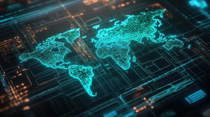 Fototapeta premium A holographic map with glowing circuits showcasing global AI networks, Cyberpunk, Neon Green and Blue, Mixed Media, complex patterns