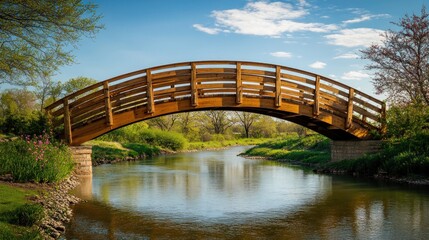Obraz premium A serene wooden bridge arches over a calm river, surrounded by lush greenery and flowers.