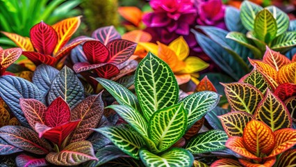 Fototapeta premium A vibrant tapestry of foliage showcasing an array of green, red, orange, and purple leaves with intricate patterns and textures.