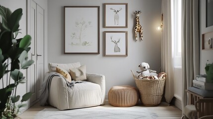 Naklejka premium Cozy Nursery Interior Design with Neutral Tones and Animal Prints