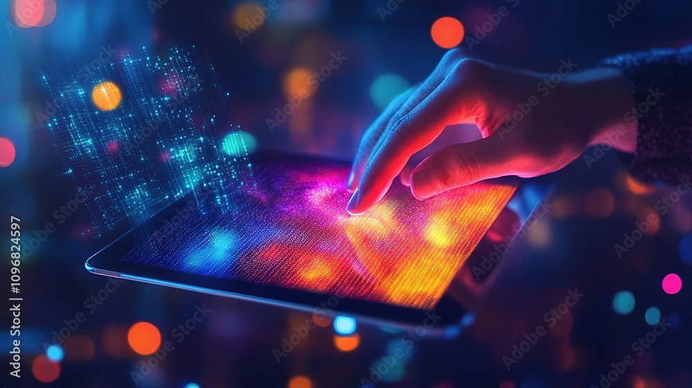 Poster innovative smart construction project management system concept showcasing a hand interacting with a