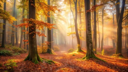 Obraz premium A Misty Forest Path Bathed in Warm Autumn Light, Illuminating the Golden Hues of the Trees and Fallen Leaves