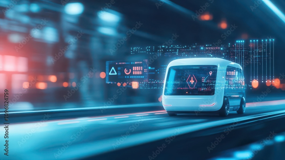 Poster a futuristic autonomous vehicle on a smart highway with interactive road signage