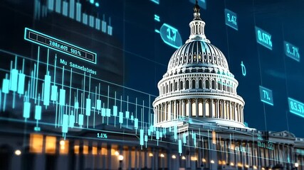 A panoramic view of the Capitol, overlaid with economic trendlines and currency symbols in blue and green, representing national economic policies. - Powered by Adobe