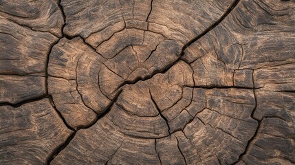 Fototapeta premium A close-up of a textured wooden surface showcasing natural cracks and tree rings, illustrating age and organic beauty.
