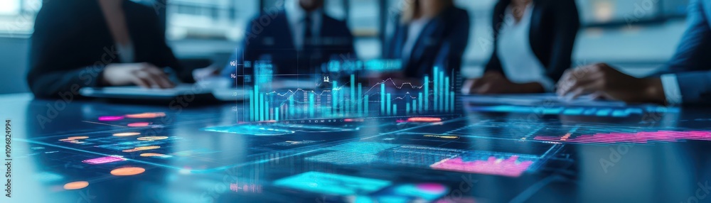 Poster a diverse business team collaborating in a modern office with holographic charts and futuristic tech