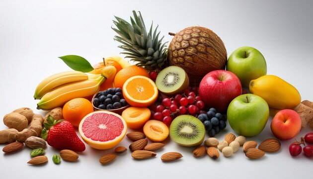 A vibrant collection of fresh fruits and nuts, a feast for the senses.