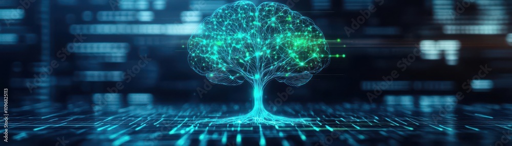 Poster A digital hologram of a brain evolving into a tree, glowing neural networks connecting growth, dark futuristic background, neon blue and green highlights