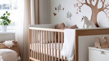 A beautifully decorated nursery featuring a wooden crib, tree wall decals, and plush toys, creating a warm and inviting atmosphere for a child to sleep comfortably.