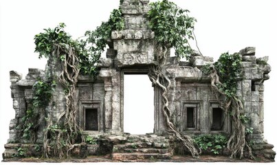 Naklejka premium Overgrown stone ruins, ancient gateway, jungle vines.