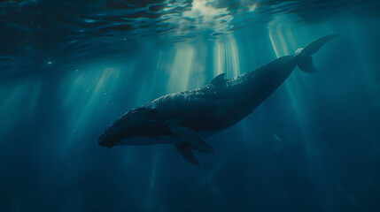 Fototapeta premium Humpback Whale Underwater in Sunbeams