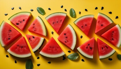Sweet watermelon slices on a yellow background. Refreshing summer vibes!