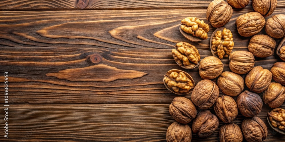 Poster a rustic arrangement of walnuts and their shells on a dark wooden surface. the walnuts are whole and
