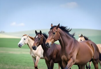 Fototapeta premium brown and white horses grazing
