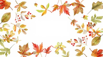 Fototapeta premium White Background Watercolor Leaf Frame - a delicate and artistic design. The soft watercolor leaves create an elegant and natural composition.