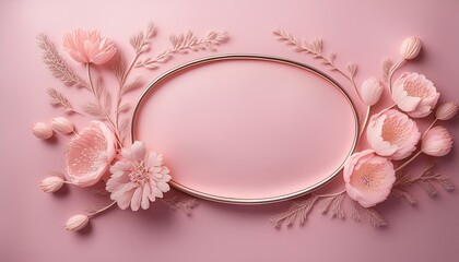 Pretty pink flowers surround a rose gold oval frame on a pink background. Perfect for invitations or announcements!