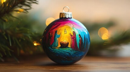 Obraz premium Vibrant Christmas Ornament Featuring Nativity Scene with Wisemen, Star, and Holy Family Surrounded by Colorful Lights for Festive Holiday Decor