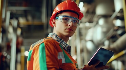 Male engineer in bright hard hat and safety glasses examines safety protocols in an industrial environment while using a tablet for operational efficiency and project management.