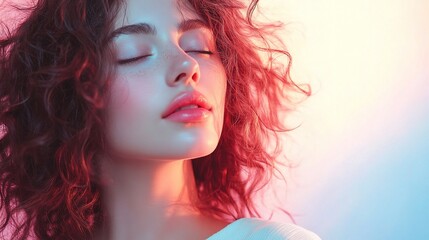 Serene Portrait of a Beautiful Woman with Curly Hair, Capturing the Essence of Natural Beauty in a Soft, Dreamy Light Setting