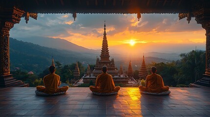 Visitors admiring an ornate temple in Southeast Asia during a glowing sunset