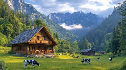 Cows grazing in a green meadow near a wooden chalet in the alps © Resi