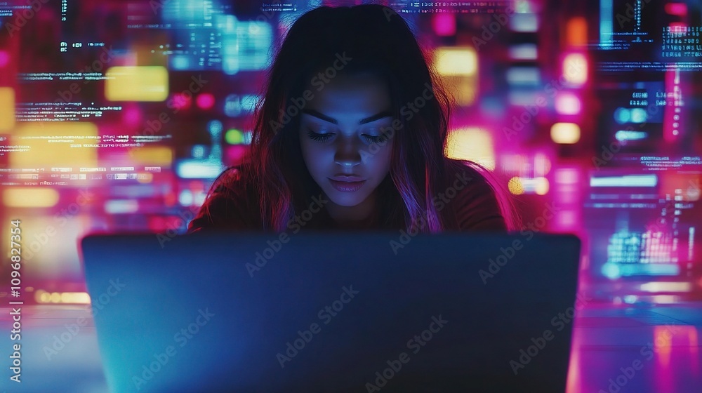 Poster young female programmer coding intensely on laptop surrounded by colorful digital graphics and code,