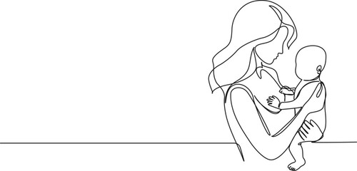continuous single line drawing of mother holding her baby on arm, line art vector illustration