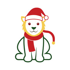 Adorable Vector Outline of a Lion Cub in Santa Hat and Scarf – Perfect for Holiday Design